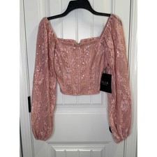 Lulu's Small Pink Lace Sequin Corset Top Olia Long Sleeve Romantic Coquette