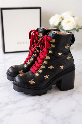 Gucci Women s Leather Platform Ankle Boots Black Red Laces Bee Star EU 38 US 8.5