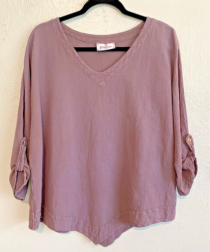 Cottonways Gauze 100% Cotton Lagenlook Purple Roll Tab Sleeve Tunic Top Sz 3