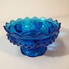 Vintage 1960s Fenton Colonial Blue Hobnail Glass 6 Candle Pedestal Bowl