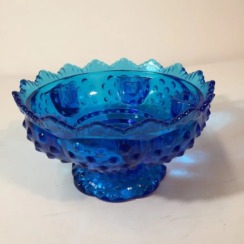 Vintage 1960s Fenton Colonial Blue Hobnail Glass 6 Candle Pedestal Bowl