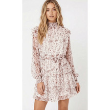 MINKPINK Mellanie Floral Chiffon Mini Dress Small Long Sleeve Tiered Boho Date