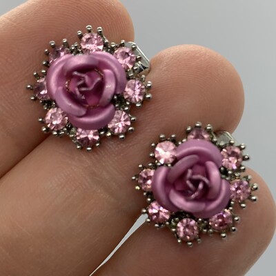 Vtg NINA RICCI FOR AVON Pink Rhinestone Enamel Flower Silver Clip Earrings 5/8 