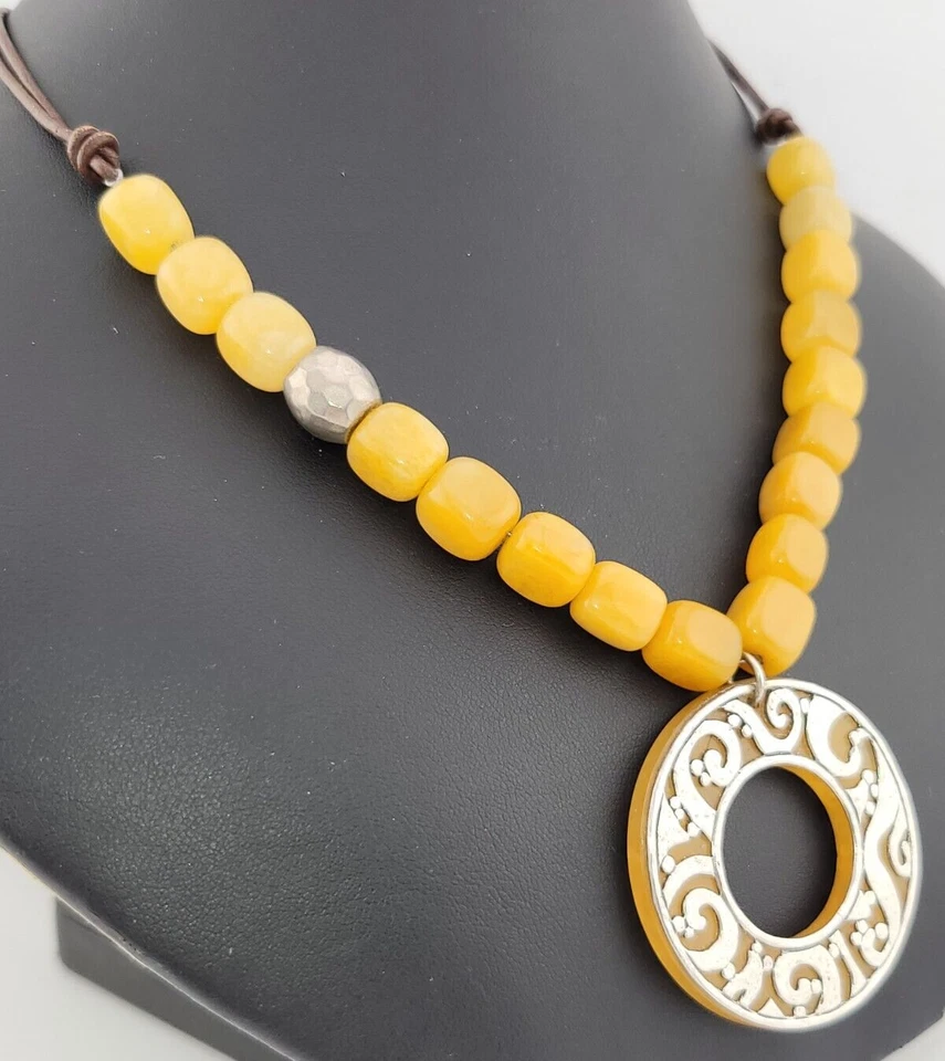Silpada Yellow Serpentine Jade Sterling Silver Open Work Disc Pendant Necklace - Image 2 of 4