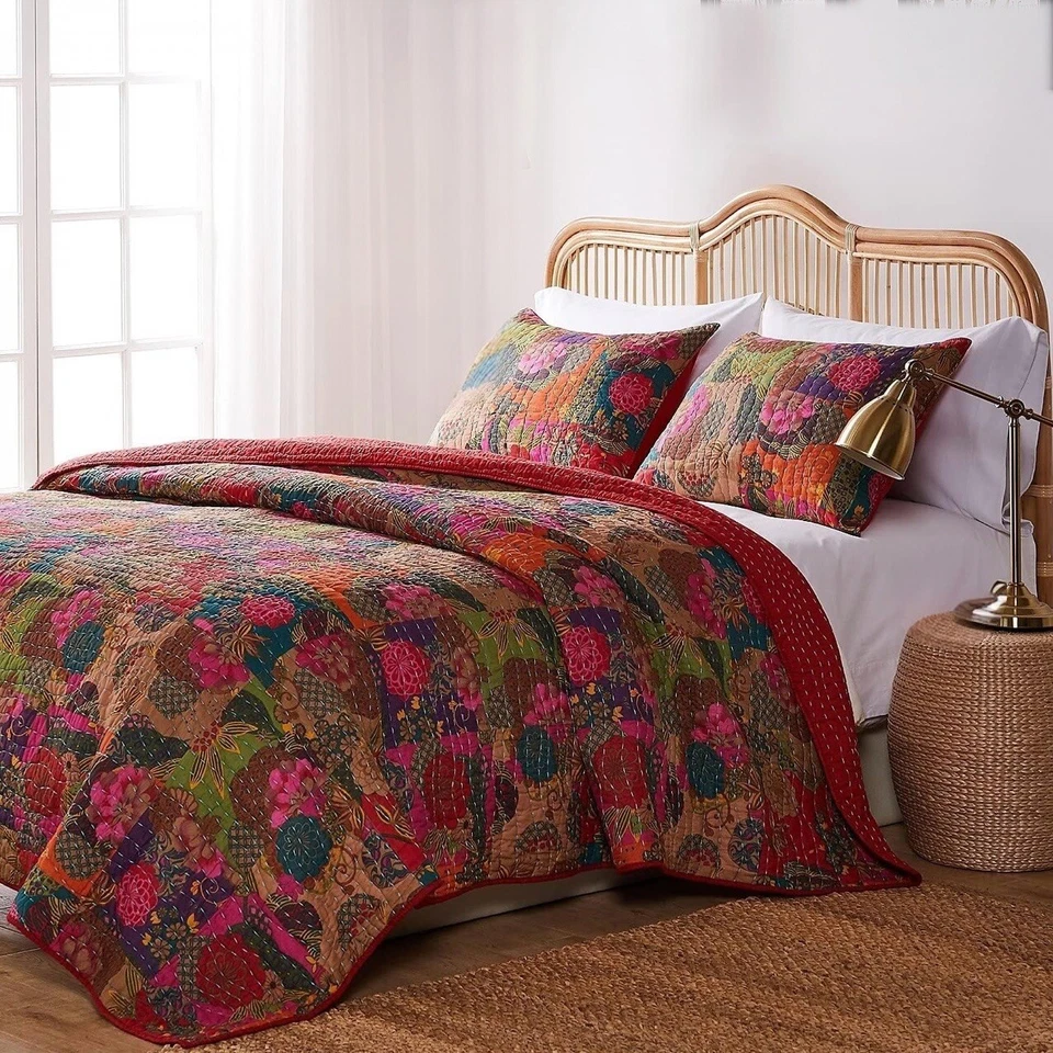 NEW Anthro Red Floral Boho Queen Quilt Stitch Bedspread Bedding Sham Set - Image 2 of 4