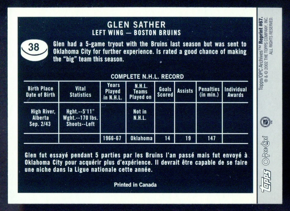 1967-68 Topps NHL Hockey #38 Glen Sather RC MINT Boston Bruins Rookie Reprint - Image 2 of 2