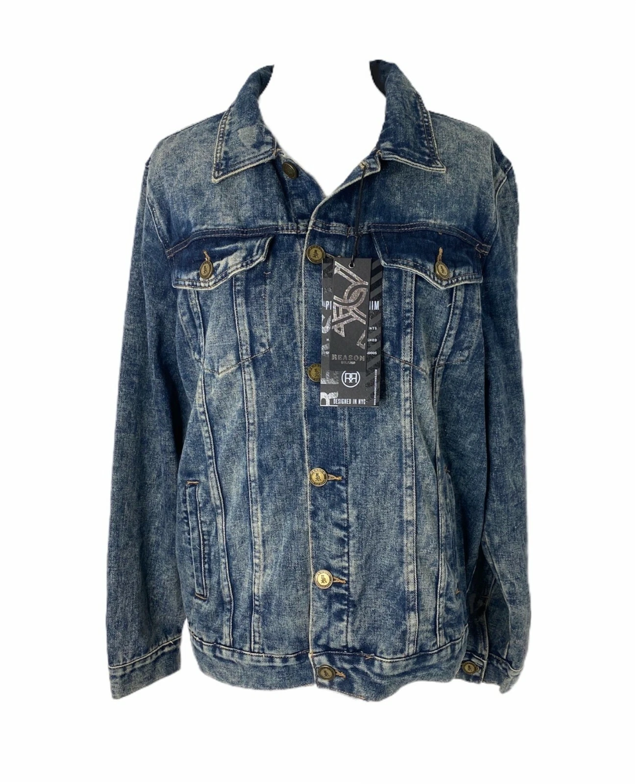 Reason Denim Jacket Men’s Large Blue Stone Wash Premium Button-Down
