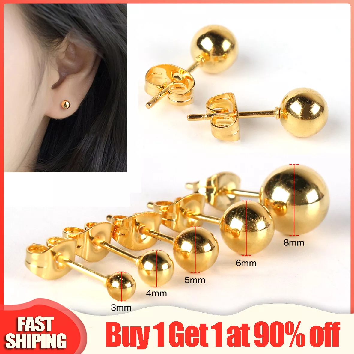 Jewelry | Solid 14k Yellow Gold Diamond Cut Ball Stud Earrings Size 4mm |  Poshmark