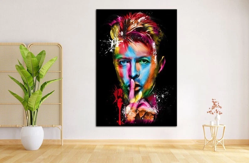 Acuarela Bowie, arte de pared Bowie Hush, arte de hombre guapo, arte de pared con letrero de silencio Foto 3 de 4