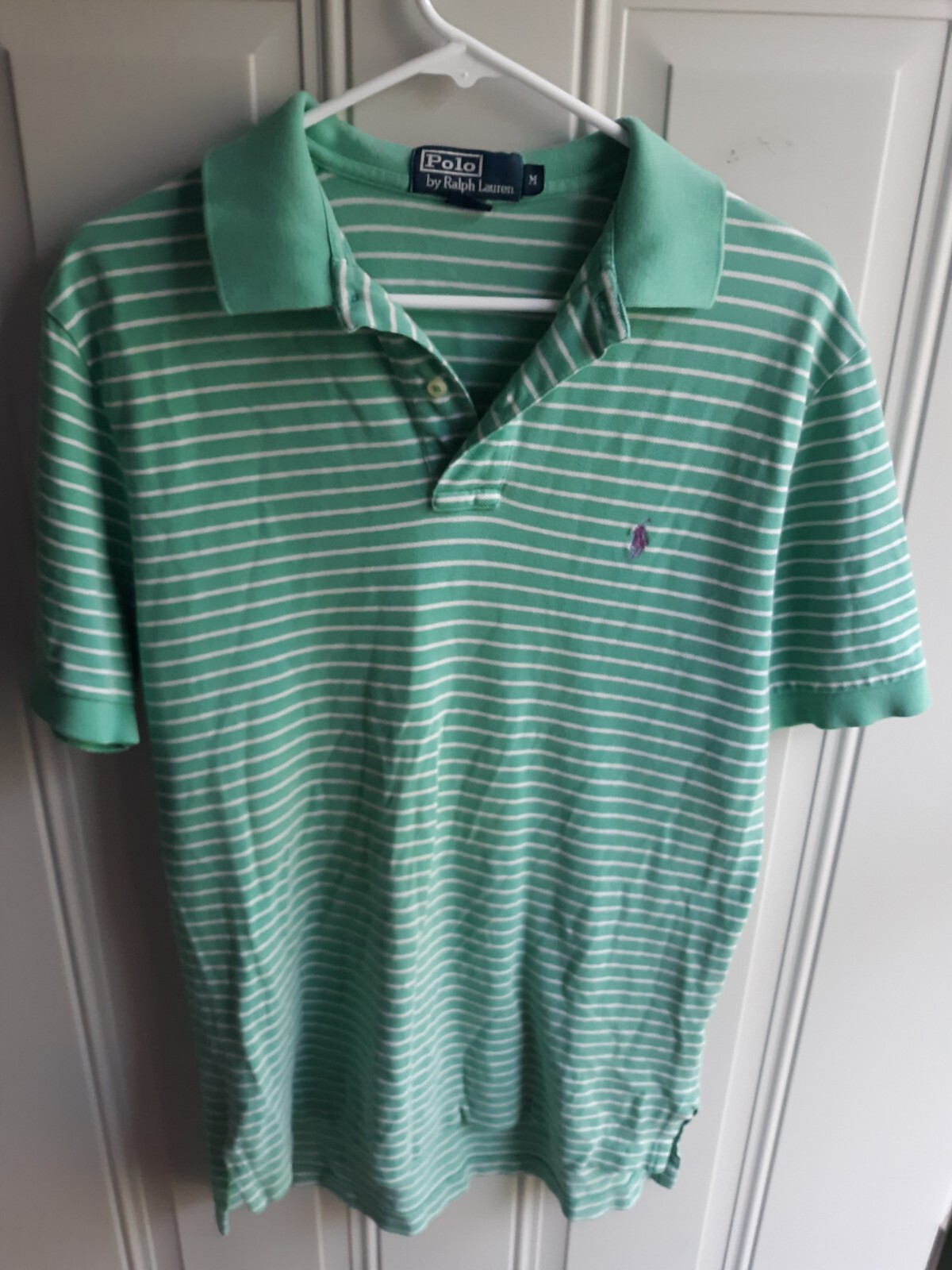 PONY Polo vintage Ralph Lauren verde pastello a righe manica corta camicia media