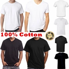 For Men 100% Cotton Thick Basic Tee Casual T-Shirt Crew V-Neck White Black S-4XL