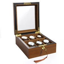 6 Slots Wooden Watch Box Glass Lid Jewelry Storage Display Case Lockable