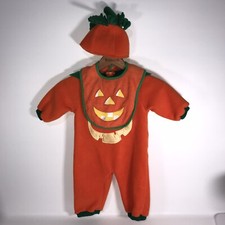 Baby Pumpkin Costume Halloween Fleece 6-9 Months Romper Hat  Bib Jack O Lantern