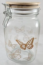 50oz Glass Clamp Jar Dolly Parton Wooden Top Canister  Butterfly Design New