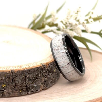 8mm Black Tungsten Classic Band White Deer Antler Inlay Band For Christmas Gifts