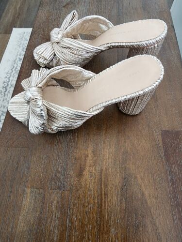 Loeffler Randall Penny Pleated Sandals Champagne Metallic Bow Block Heel Sz 9.5