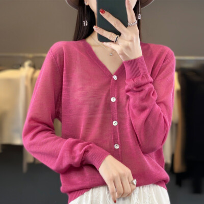 Women Knitted Sweater Coat Faux Silk Jacket Cardigan Tops Thin Jumper V Neck Top