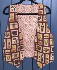 Handmade Thanksgiving Open Vest M L Turkey Pilgrim Harvest Farm Cottage Core