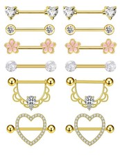 6 Pairs Nipple Rings Stainless Steel Heart Butterfly Moon Flower CZ Stud Barb...