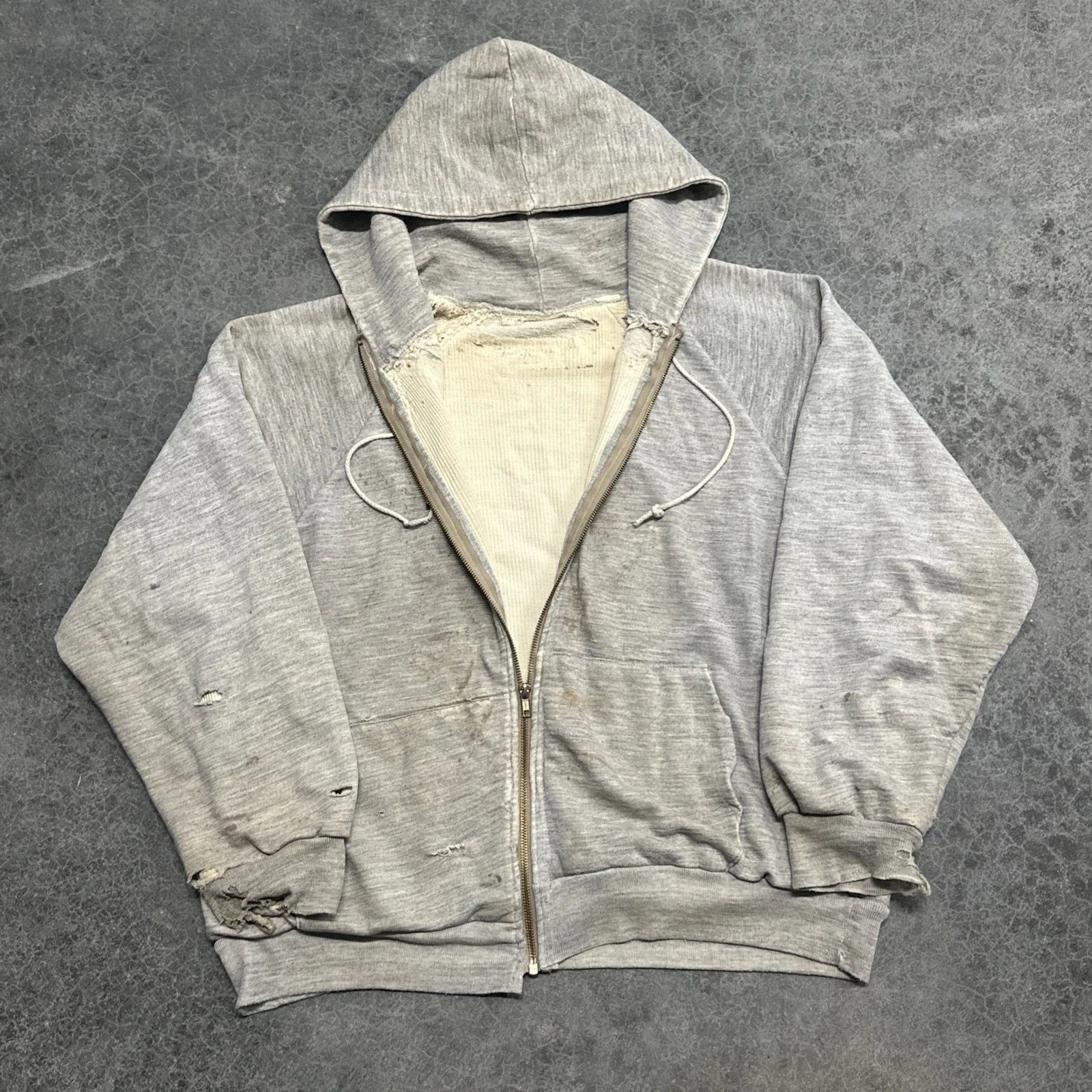 Vintage 60s Faded Waffleknit Thermal Lined Thrashed Hoodie Zip Double Faced XL
