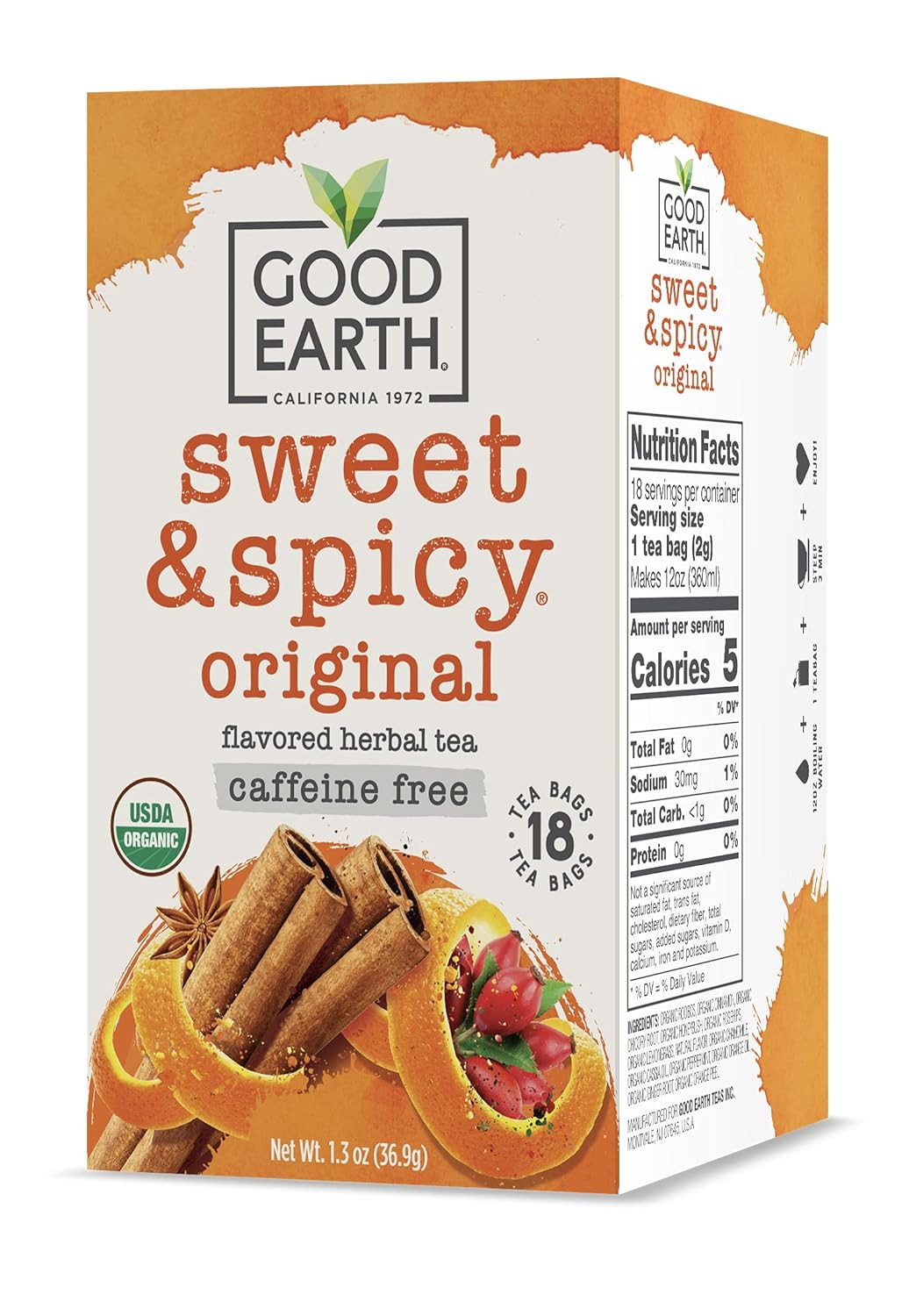 Organic Sweet Spicy Herbal Tea Caffeine-Free Good Earth 18-Count Pack