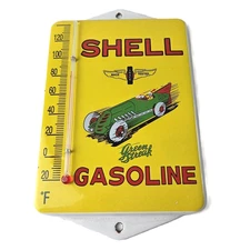 Vintage Shell Porcelain Sign - Green Streak Gasoline Pump Ad Sign On Thermometer
