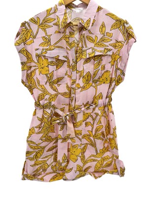 Love + Harmony Tropical Yellow Pink Short Sleeve Button Up Romper Tie Belt Small