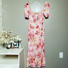 London Times Floral Dress Size 8 Beige Pink Smocked Puff Sleeve Empire Midi