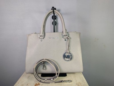 Michael Kors Sutton Small Satchel Pale Gray Saffiano Leather Crossbody Strap Use