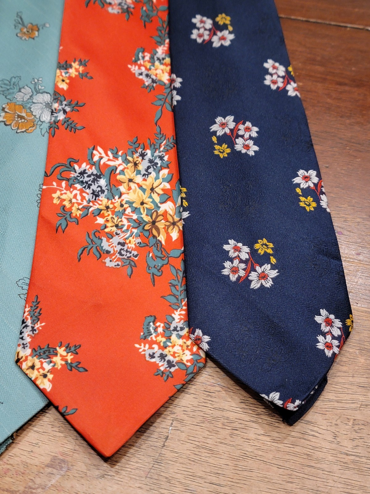 Vtg Disco Neck Tie Lot Of 4 Ties 1960s/70s Italian USA Blue Gold Woven Flowers image 4