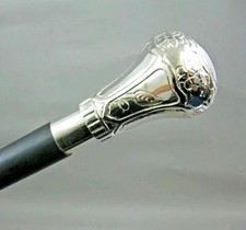 Vintage Antique Walking Cane Wooden Walking Stick Silver Brass Handle Knob Gift