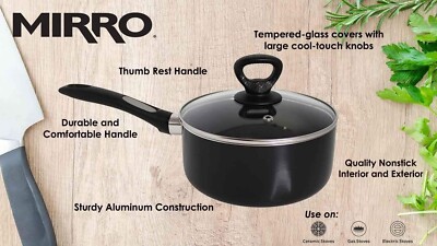 Mirro MIR-A7972494 Sauce Pan w/Glass Lid 3-QT Cap. Aluminum, Black