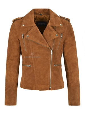 Damen Echt Leder Jacke Hellbraun Wildleder Klassisch Freizeit Mode Bikerjacke 7113-A