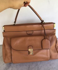 TORY BURCH Tan Brown Leather Squeeze Snap Shut Top Tote Bag Rare