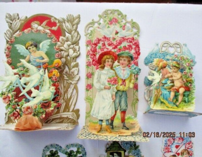 Lot of 3 GERMAN Antique Victorian Valentines FOLD DOWN HONEYCOMB 3-D DOVES CUPID