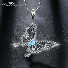 Butterfly Pendant Necklace w/ Blue Zircon Stone 925 Sterling Silver New