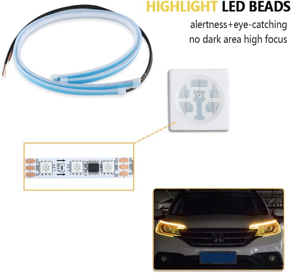 2×LED Daytime Running Light Strip Flexible Dynamic Car LED Hood Light Waterproof