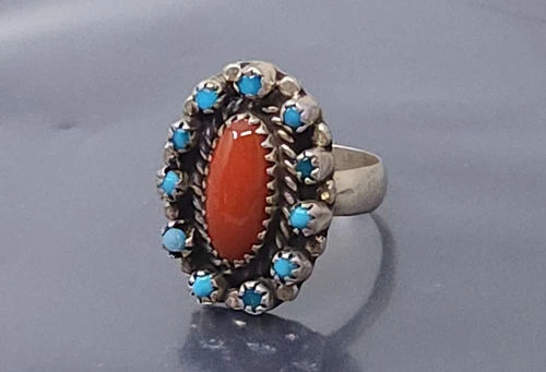 Vintage  Sterling silver Zuni Turquoise Red Coral band Ring size 6