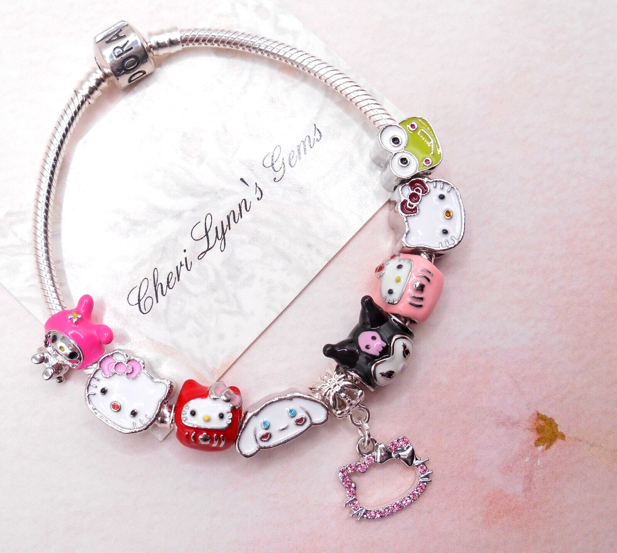 STERLING SILVER PANDORA CHARM BRACELET WITH KITTY FRIENDS PINK