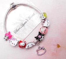 SILVER PANDORA CHARM BRACELET WITH KITTY & FRIENDS PINK CZ CHARMS & BOX