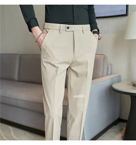 Men Suit Pant Plus Size Solid Elastic Waist Pants Men Slim Ankle Length Trousers - Picture 13 of 29