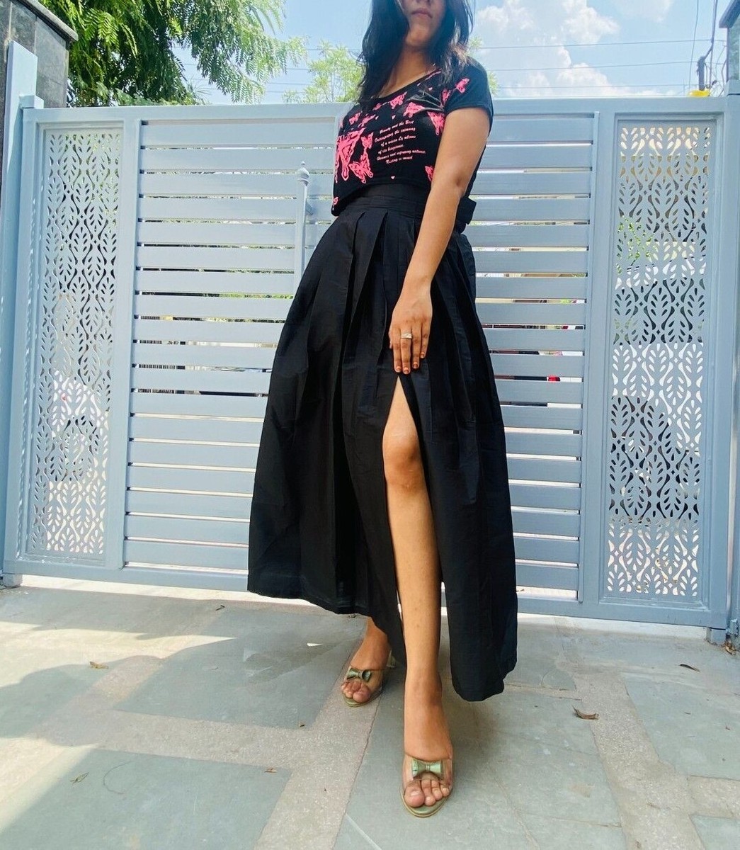 New Formal Elegant Pleated Taffeta Skirts Long Maxi Skirt With Slit