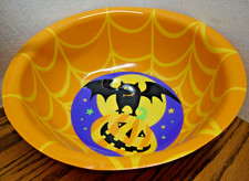 Halloween 11.5"x4" Candy Bowl Plastic Orange w/Spider Web-Pumpkin Bat-Moon  954