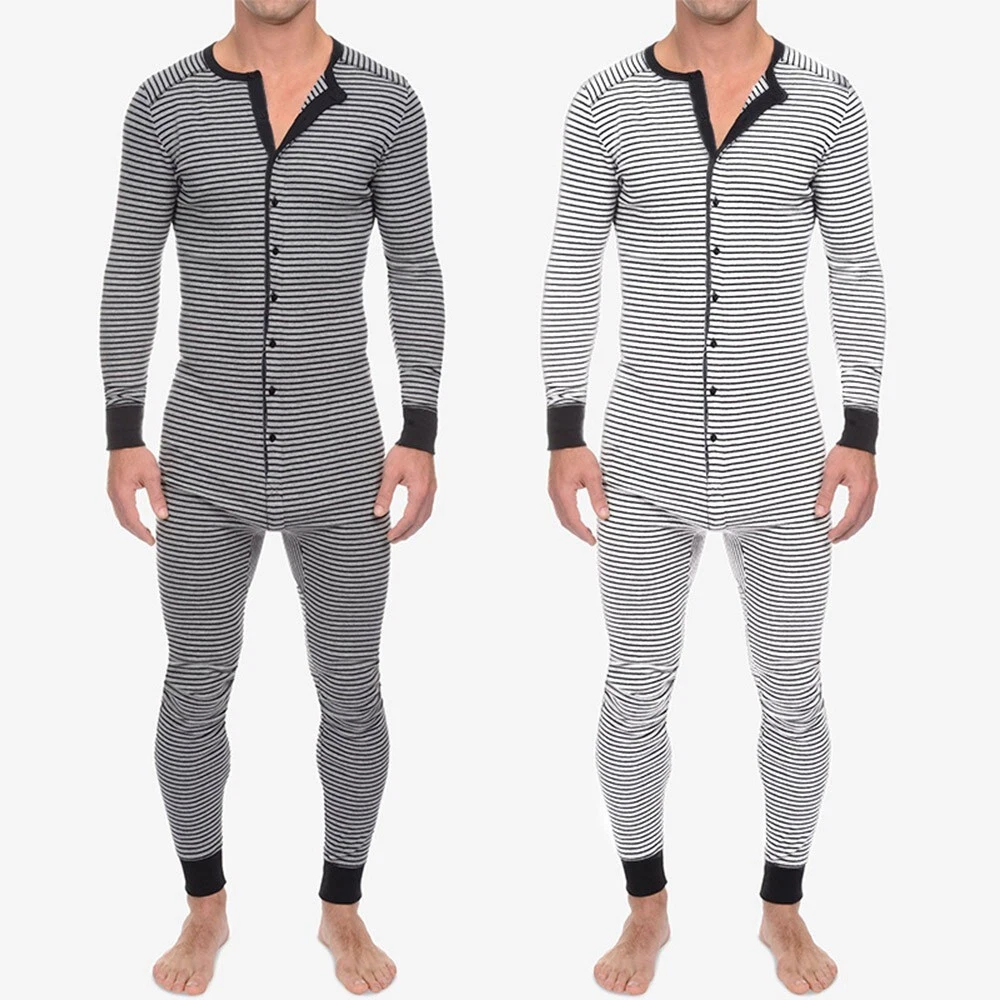 Mens Jumpsuits Pajamas S 4XL Playsuit Thermal Long Sleeve Sleepwear