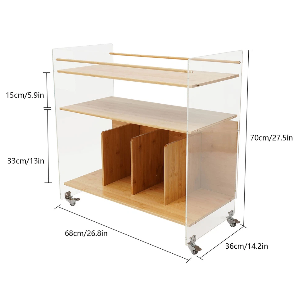 Mesa auxiliar de acrílico y bambú mesa auxiliar moderna de 3 niveles con cuatro ruedas EE. UU. Foto 2 de 4