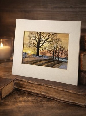Winter Landscape Watercolor Painting Illegible Signature Matted 10x8 Sunset