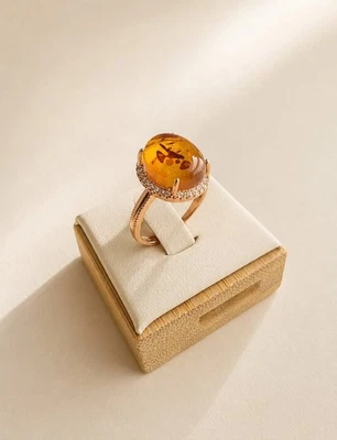 Adjustable Amber Statement Ring Rose Gold Plated Crystal Cocktail Jewelry Gift - Image 1 of 4