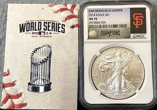 2014 American Silver Eagle Philadelphia Mint SF Giants Label NGC MS70 w/MLB COA