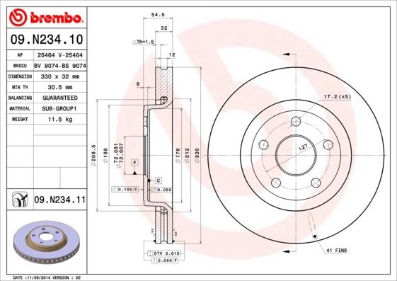 DISQUES DE FREIN BREMBO 09.N234.11 rotor de rechange avant pour Jeep Grand Cherokee et Dodge Durango
