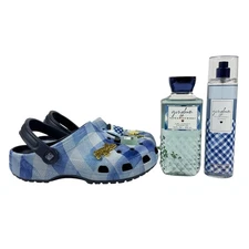 Bath and Body Works W7 M5 Gingham Crocs and Body Care Bundle with Jibbitz